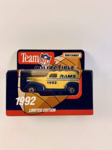 white rose matchbox 1992 nfl los angeles diecast sedan 1:64 scale collectible limited edition football team car - rams