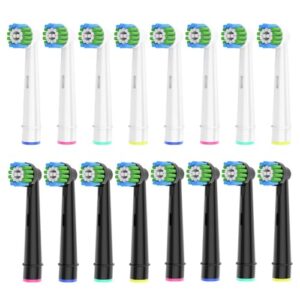 16 pack precision replacement brush heads compatible with oral b braun electric toothbrush. 8pcs white and 8pcs black.