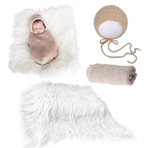 spokki newborn photography props outfits 3 pcs baby long ripple wrap with and toddler swaddle blankets photography mat with cute crochet knitted hat costume (0-12 month)