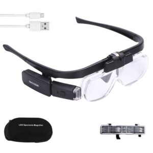 YOCTOSUN Rechargeable Head Magnifier Glasses, Hands Free Head Mount Magnifier with 3 Detachable Lenses and 2 LED Lights, Great Magnifying Glasses for Hobby and Crafts