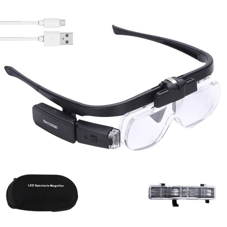 YOCTOSUN Rechargeable Head Magnifier Glasses, Hands Free Head Mount Magnifier with 3 Detachable Lenses and 2 LED Lights, Great Magnifying Glasses for Hobby and Crafts