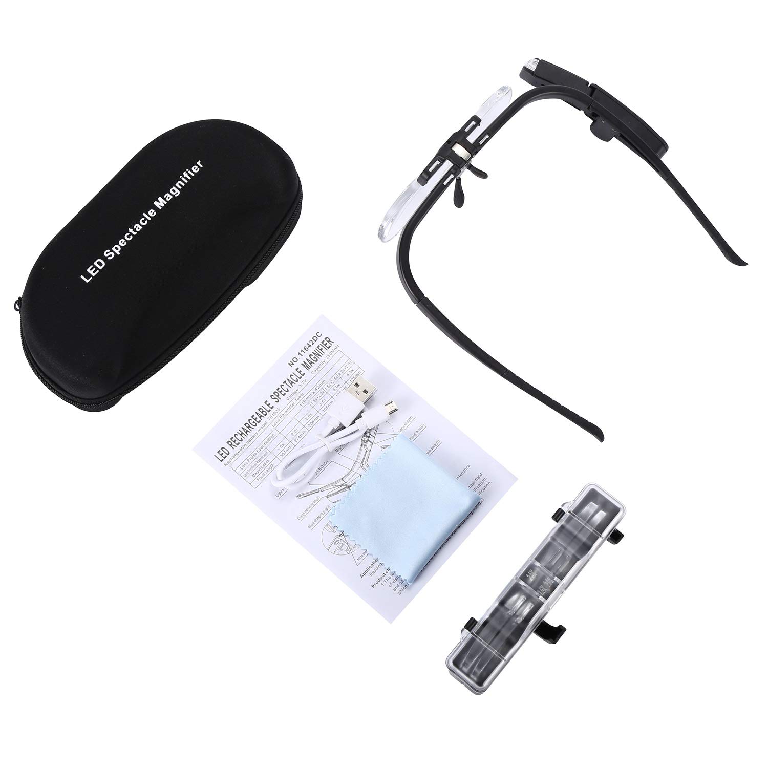 YOCTOSUN Rechargeable Head Magnifier Glasses, Hands Free Head Mount Magnifier with 3 Detachable Lenses and 2 LED Lights, Great Magnifying Glasses for Hobby and Crafts