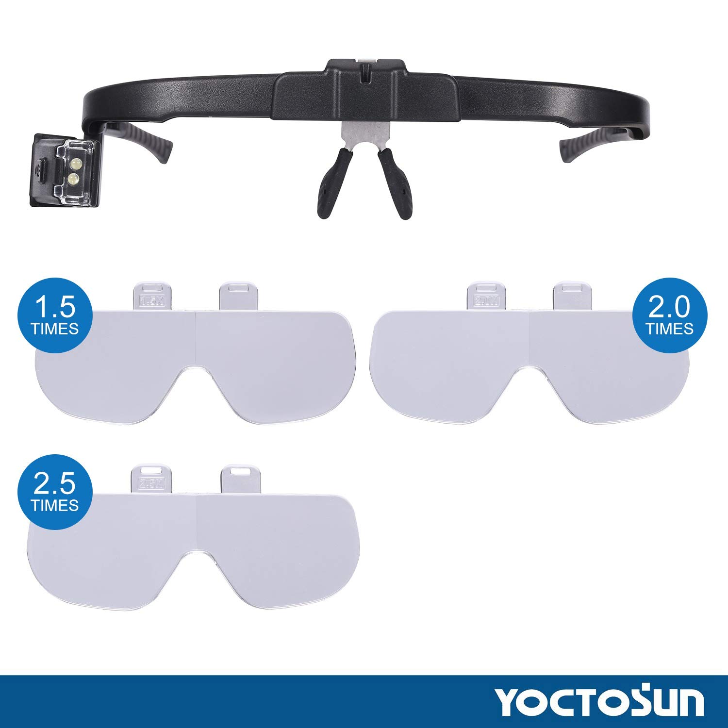 YOCTOSUN Rechargeable Head Magnifier Glasses, Hands Free Head Mount Magnifier with 3 Detachable Lenses and 2 LED Lights, Great Magnifying Glasses for Hobby and Crafts