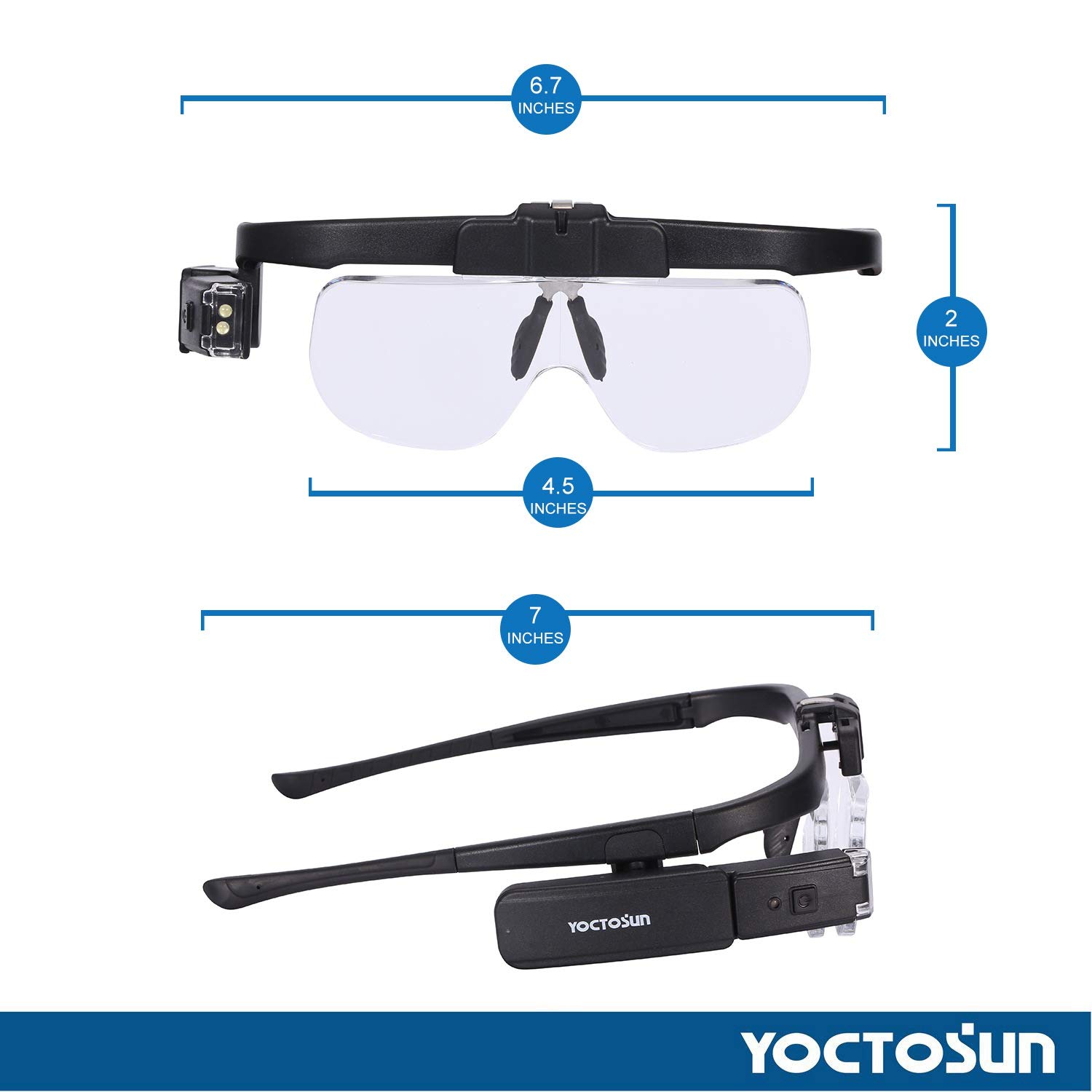 YOCTOSUN Rechargeable Head Magnifier Glasses, Hands Free Head Mount Magnifier with 3 Detachable Lenses and 2 LED Lights, Great Magnifying Glasses for Hobby and Crafts