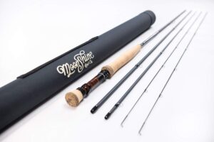 moonshine rod co. fly fishing rod with carrying case and extra rod tip section fast action, the vesper, 3wt 10'6" esn