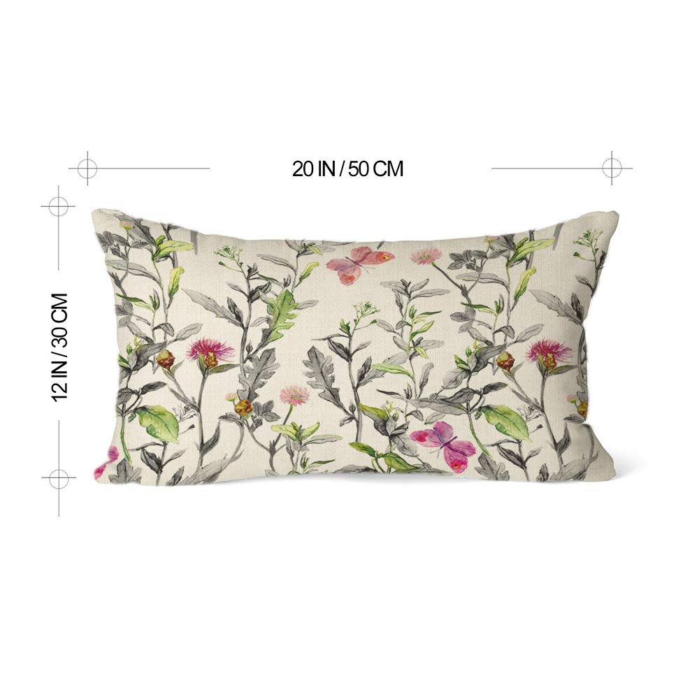 EKOBLA Throw Pillow Cover Herbs Meadow Garden Flowers Grass Watercolor Floral Beautiful Butterfly Rectangular Throw Pillow Covers for Couch Sofa Home Decor Cotton Linen 12x20 Inch