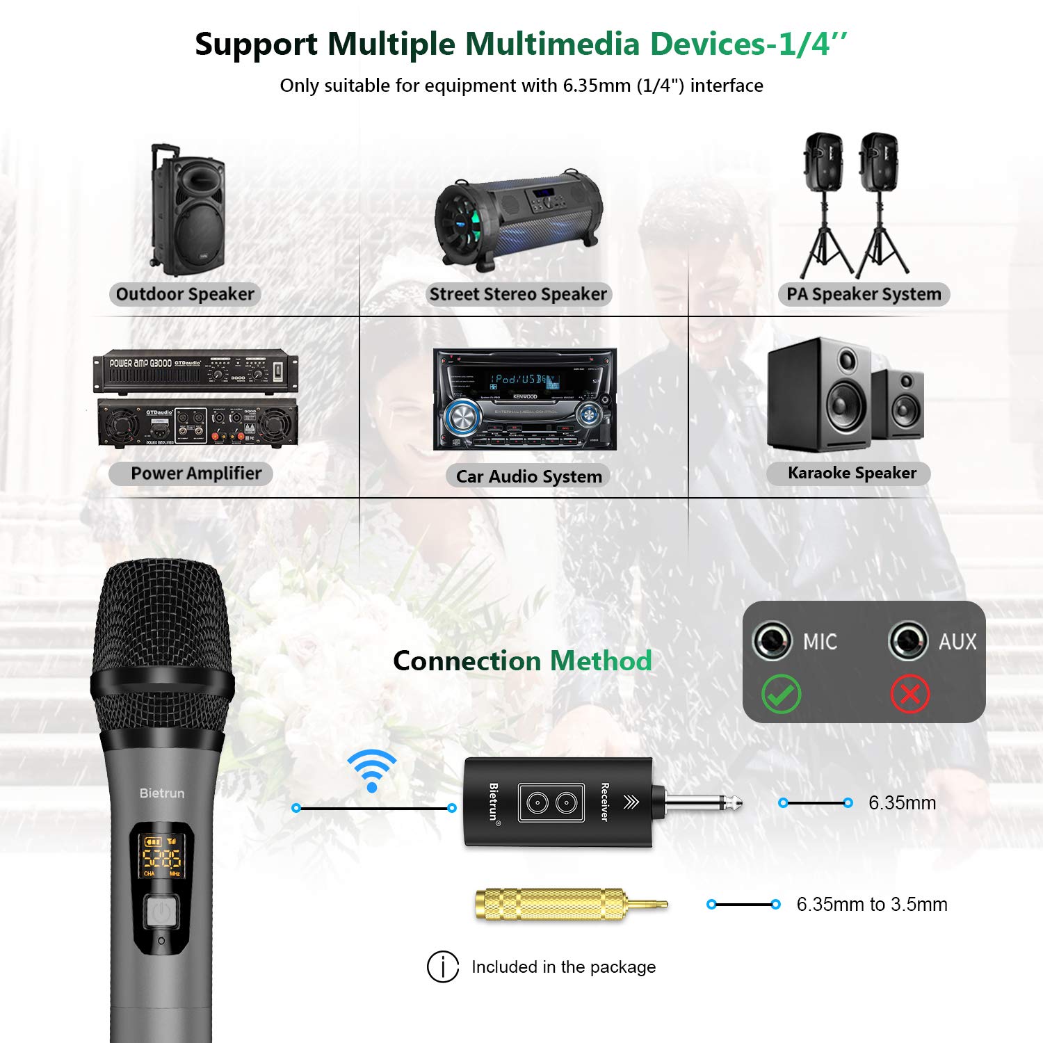 Wireless Microphone with Bluetooth, Professional UHF Dual Handheld Dynamic Metal Mic System Set with Rechargeable Receiver, 160 ft Range, 1/4''Output, for Karaoke Machine, Singing, Amp, PA Speaker