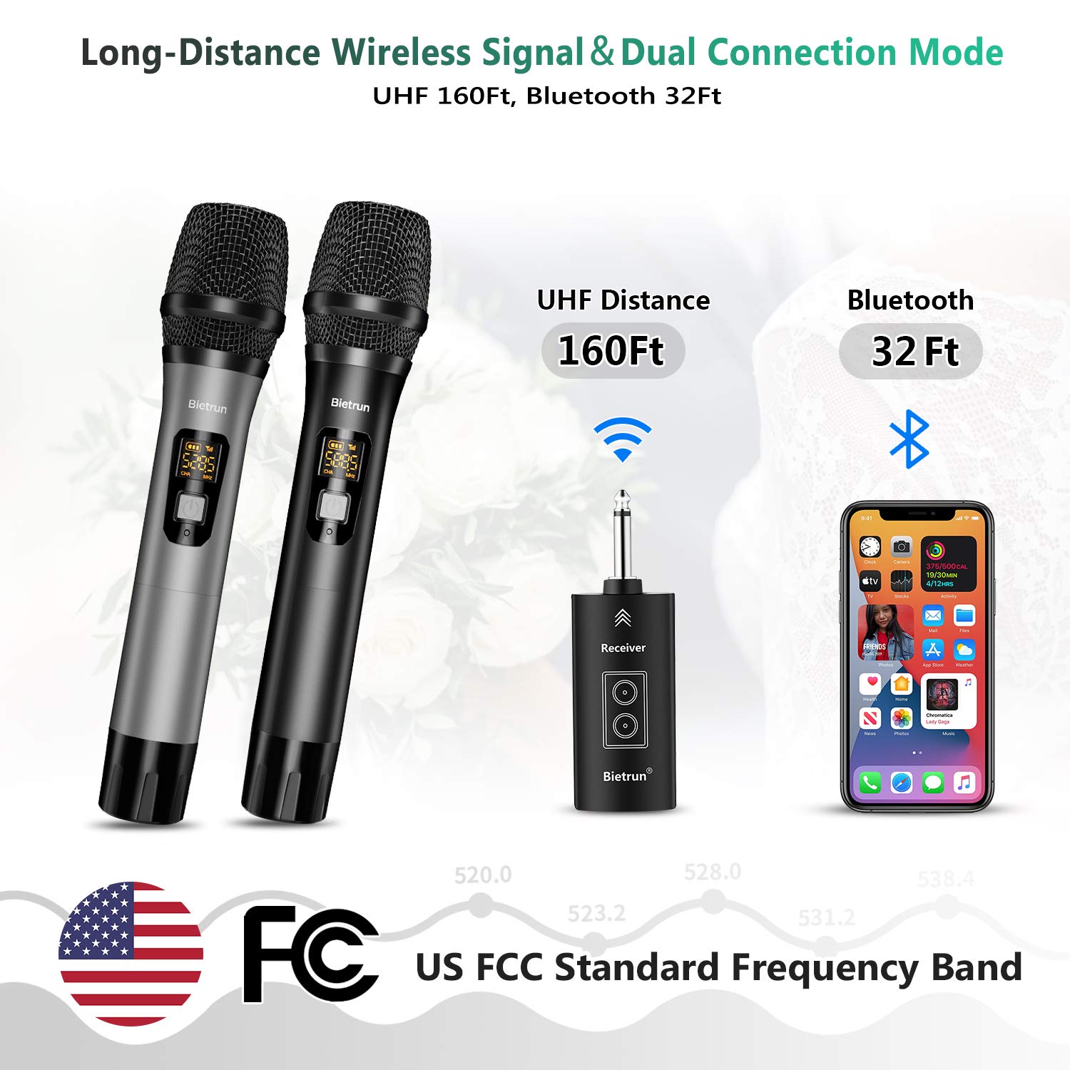 Wireless Microphone with Bluetooth, Professional UHF Dual Handheld Dynamic Metal Mic System Set with Rechargeable Receiver, 160 ft Range, 1/4''Output, for Karaoke Machine, Singing, Amp, PA Speaker