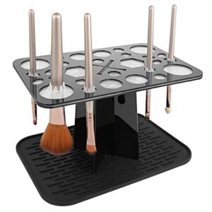 chrunone 28 hole makeup brush drying rack with mat keep countertop drying, folding makeup brush holder, air tree tower stand organizer comes with mat