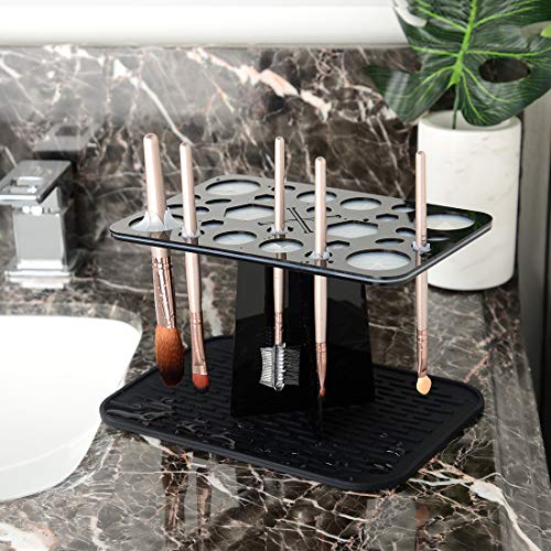 CHRUNONE 28 Hole Makeup Brush Drying Rack with Mat Keep Countertop Drying, Folding Makeup Brush Holder, Air Tree Tower Stand Organizer Comes with Mat