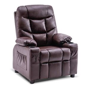 mcombo big kids recliner chair with cup holders for boys and girls room, 2 side pockets, 3+ age group, faux leather 7366 (dark brown)