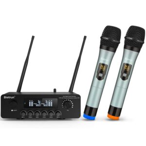 wireless microphone with bluetooth＆echo/treble/bass, 165 ft range, bietrun uhf dual handheld cordless dynamic mic system for pa system/amp/home tv karaoke/bluetooth speaker/(1/4''＆1/8‘’aux interface)