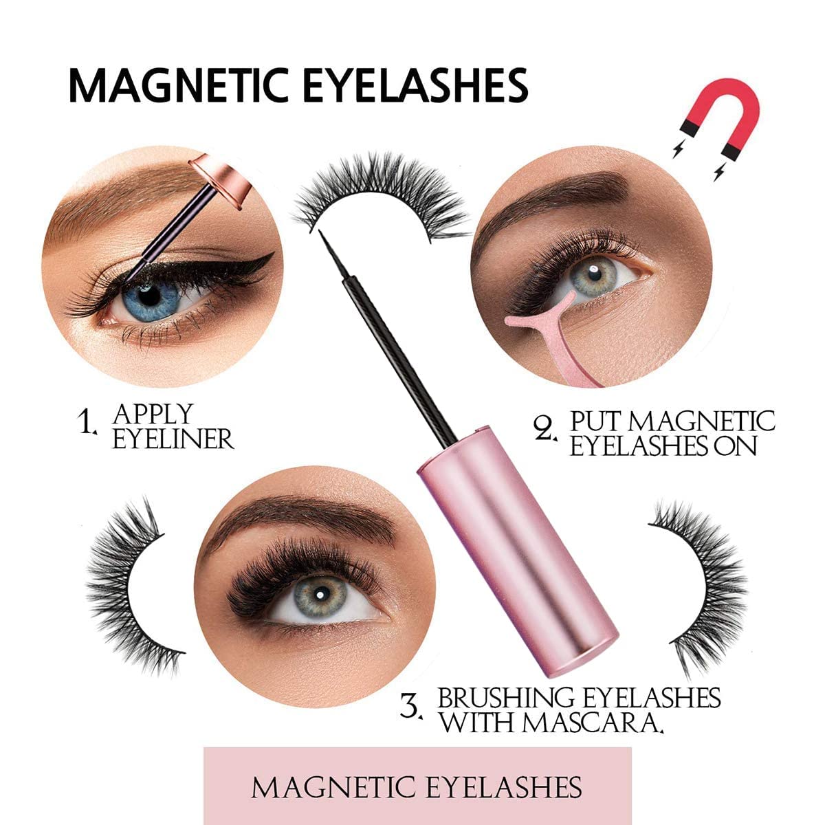 Sikkis Magnetic Eyelashes with Eyeliner - Magnetic Eyelashes Mink Look Kit, Mixed 3D Mink Magnetic Eyelashes Reusable False Lashes with Applicator, No Glue Needed (5-Pairs) (mink look)