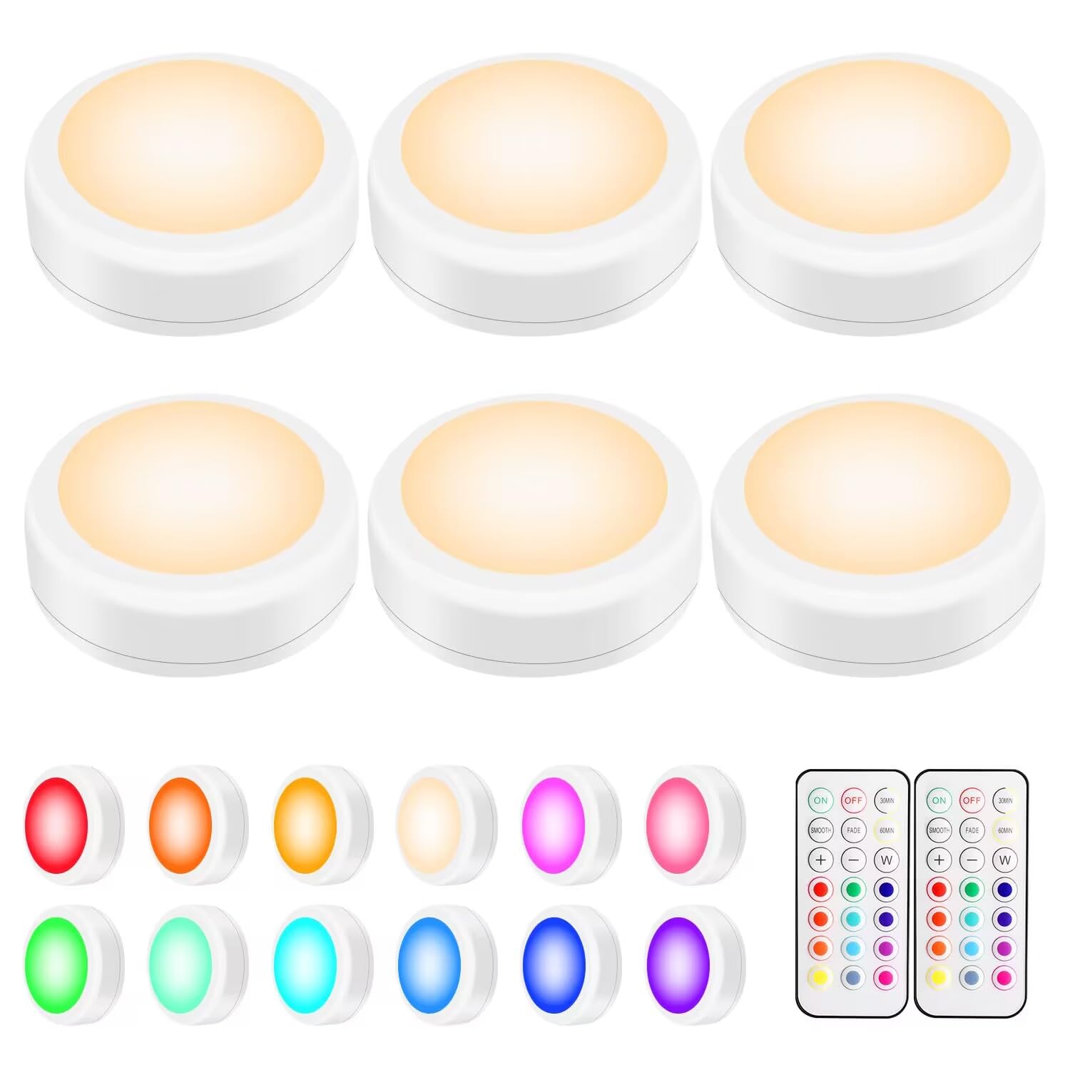 Alivation Led Under Cabinet Lighting Battery Operated Lights, 6 Puck Lights with Remote Control, Closet Lights Kitchen Cabinet Lighting Stick on Lights, 13 Color Changing Lights, Touch Push Tap Lights