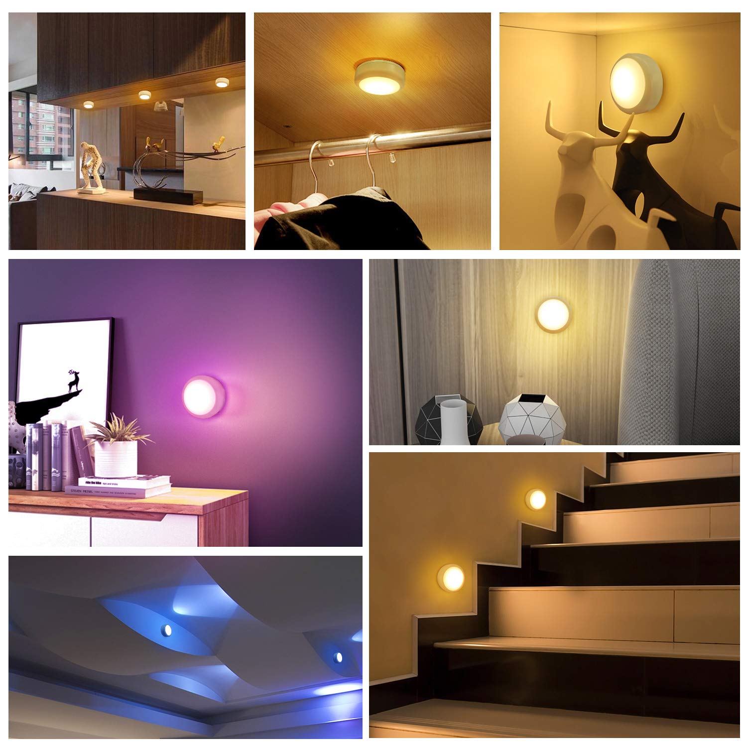 Alivation Led Under Cabinet Lighting Battery Operated Lights, 6 Puck Lights with Remote Control, Closet Lights Kitchen Cabinet Lighting Stick on Lights, 13 Color Changing Lights, Touch Push Tap Lights