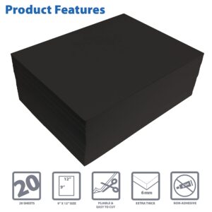 Better Office Products Black EVA Foam Sheets, 20 Pack, 6mm Extra Thick, 9 x 12 Inch, Black Color, for Arts and Crafts, 20 Sheets Bulk Pack