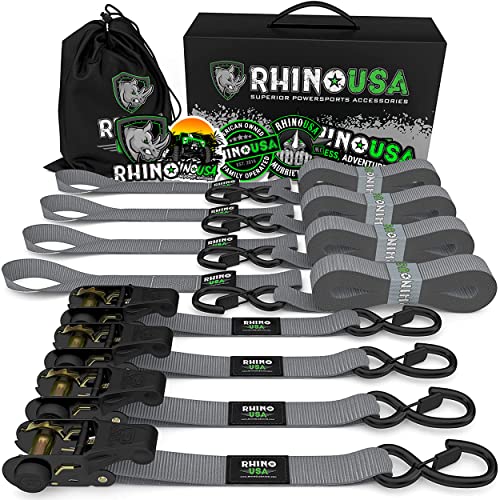 Rhino USA Ratchet Tie Down Straps (4PK) - 1,823lb Guaranteed Max Break Strength, Includes (4) Premium 1" x 15' Rachet Tie Downs with Padded Handles. Best for Moving, Securing Cargo (Gray 4-Pack)