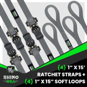 Rhino USA Ratchet Tie Down Straps (4PK) - 1,823lb Guaranteed Max Break Strength, Includes (4) Premium 1" x 15' Rachet Tie Downs with Padded Handles. Best for Moving, Securing Cargo (Gray 4-Pack)