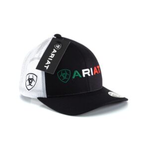 ARIAT Men's Mexican Flag Colos Embroidered Snapback Cap, Black with White Mesh Back, 6-Panel Mid Profile