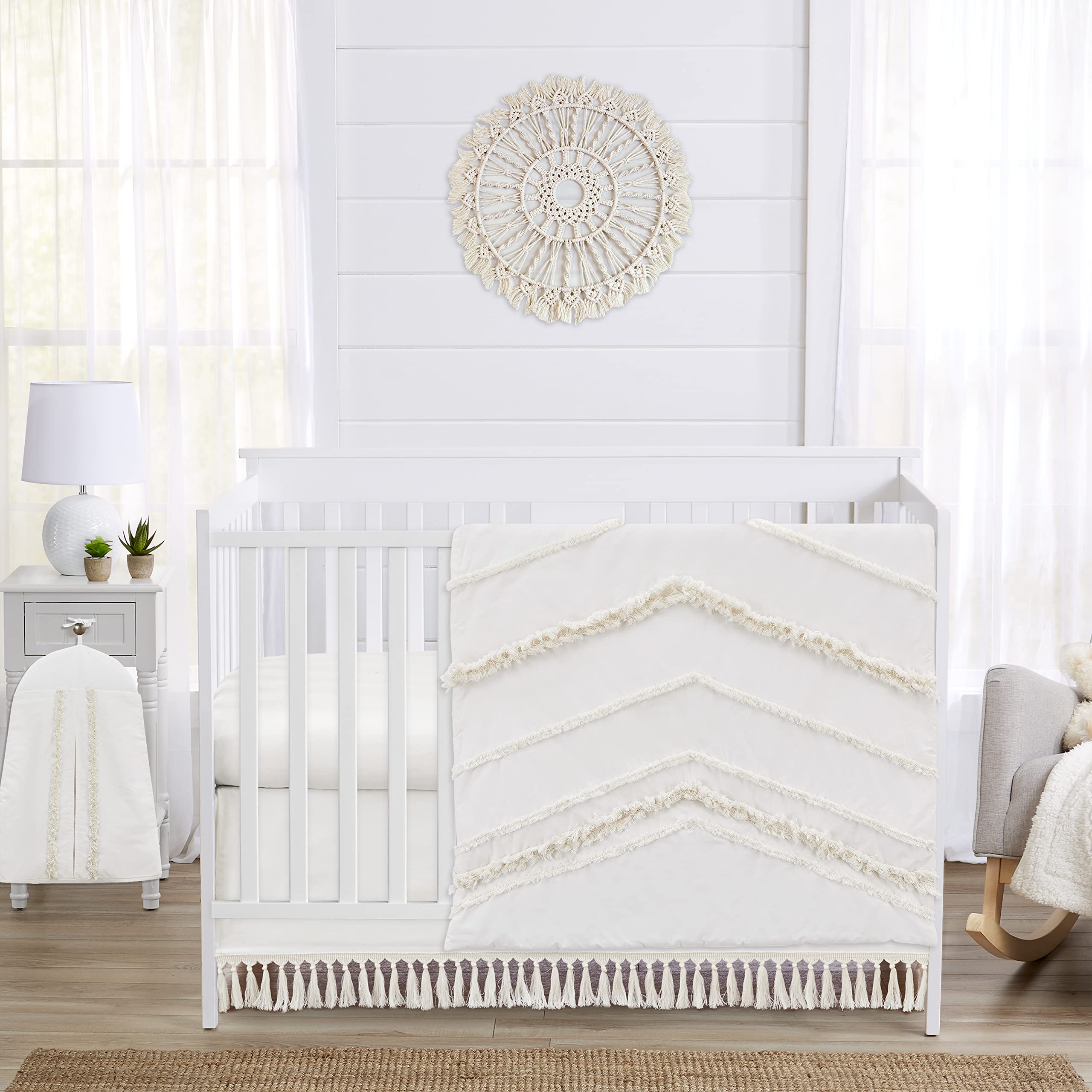 Sweet Jojo Designs Ivory Gender Neutral Boho Bohemian Baby Girl Boy Nursery Crib Bedding Set - 4pc - Solid Color Beige Cream Off White Farmhouse Chic Unisex Minimalist Tassel Fringe Macrame Cotton