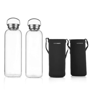 DE.KITCHEN&HIFUN Glasss Water Bottle 64oz, Large Borosilicate Glass 2L for Juice, Glass Water bottle with Steel Cap Filter (1)