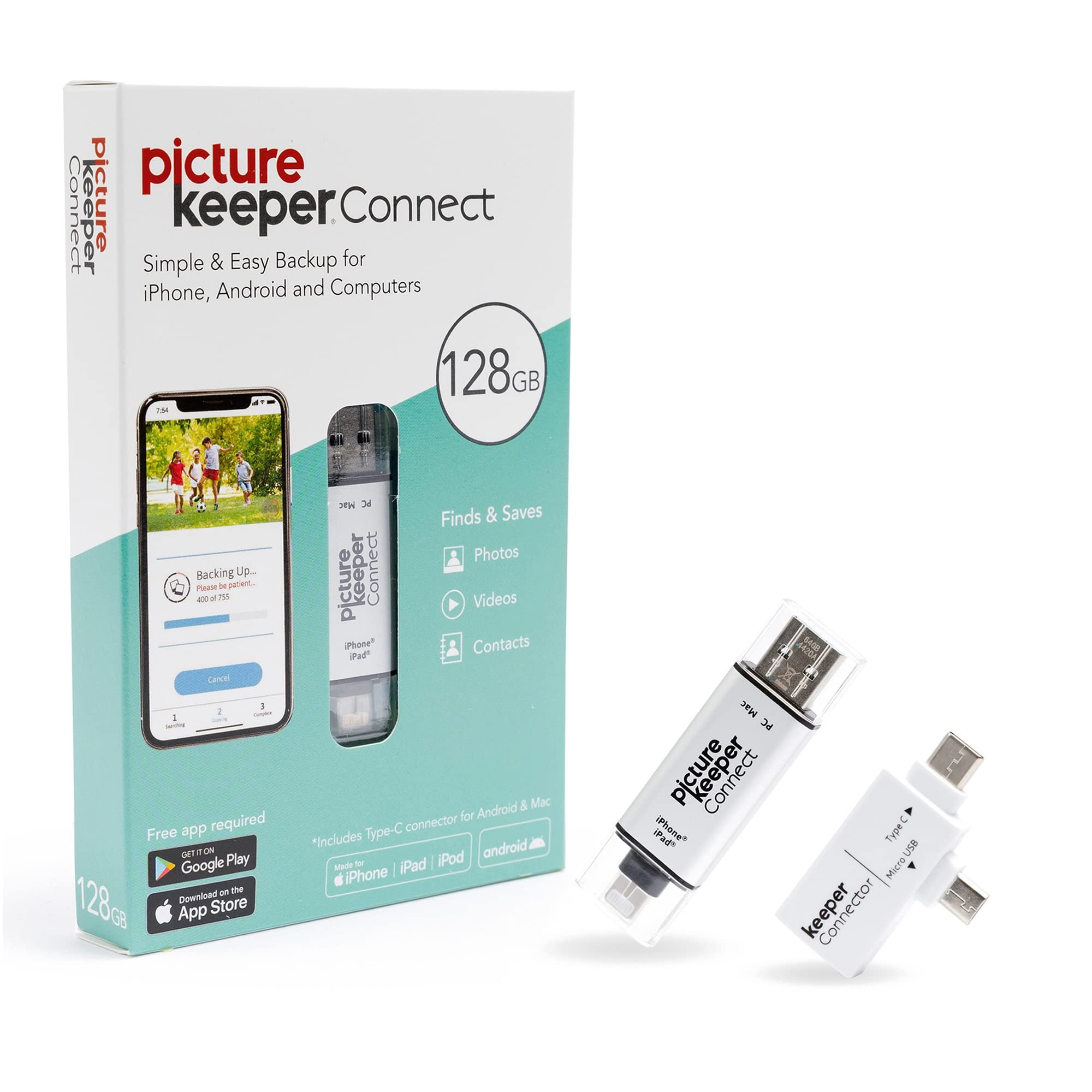 Picture Keeper Connect Photo & Video USB Flash Drive for Apple, Android, and PC Devices, 128GB Thumb Drive