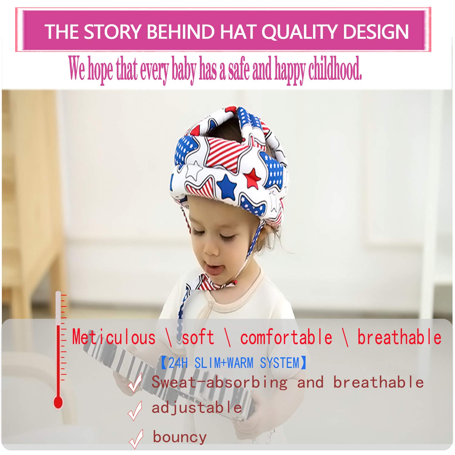 JUYIVIPToddler Baby Comfortable, Lightweight and Breathable Head Guard Head Protector Safety Helmet Children Headguard Infant Protective Harnesses Cap Machine Washable (Five Stars with White Stripes)