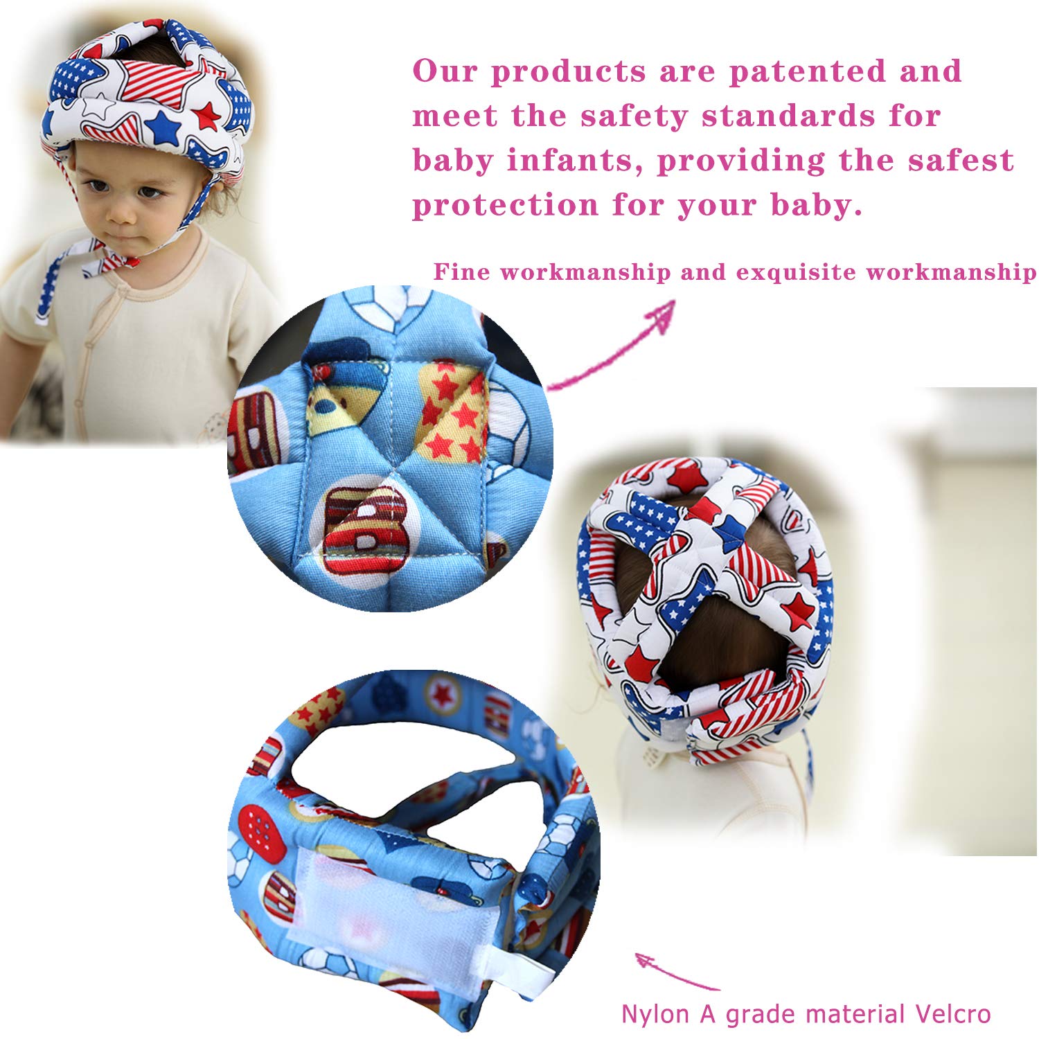 JUYIVIPToddler Baby Comfortable, Lightweight and Breathable Head Guard Head Protector Safety Helmet Children Headguard Infant Protective Harnesses Cap Machine Washable (Five Stars with White Stripes)