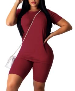 women's casual 2 piece outfits solid short sleeve t-shirts top bodycon shorts set sports yoga suit tracksuit jumpsuits (a-wine red, s)