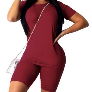 Women's Casual 2 Piece Outfits Solid Short Sleeve T-Shirts Top Bodycon Shorts Set Sports Yoga Suit Tracksuit Jumpsuits (A-Wine Red, S)