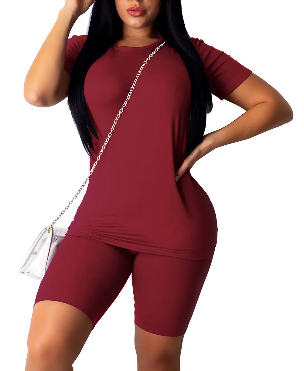 Women's Casual 2 Piece Outfits Solid Short Sleeve T-Shirts Top Bodycon Shorts Set Sports Yoga Suit Tracksuit Jumpsuits (A-Wine Red, S)