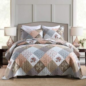 travan 3-piece queen quilt set quilted bedspread lightweight reversible coverlet set floral printed quilted bedding set with shams for all season, brown floral, queen size