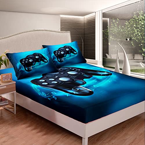 Gaming Bedding Set Kids Bed Sheet Set Full Size Soft Microfiber Gamer Console Video Game Fitted Sheet Boys Teens Game Room Decor Bed Cover with 2 Pillow Case (Flat Sheet not Included), Blue