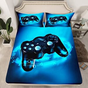 Gaming Bedding Set Kids Bed Sheet Set Full Size Soft Microfiber Gamer Console Video Game Fitted Sheet Boys Teens Game Room Decor Bed Cover with 2 Pillow Case (Flat Sheet not Included), Blue