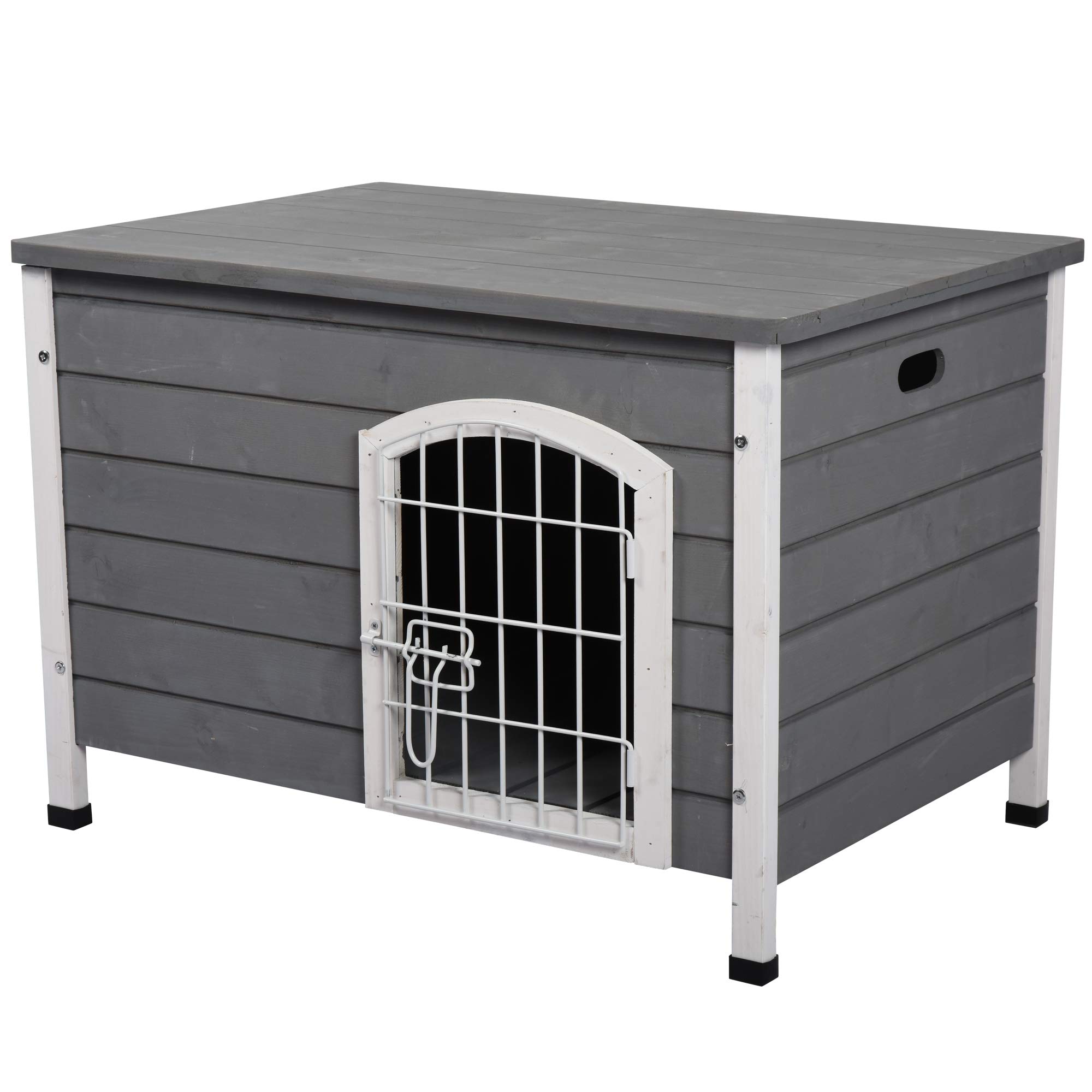 PawHut 31" L Wooden Decorative Dog Cage Kennel Wire Door with Lock Small Animal House with Openable Top Removable Bottom Grey