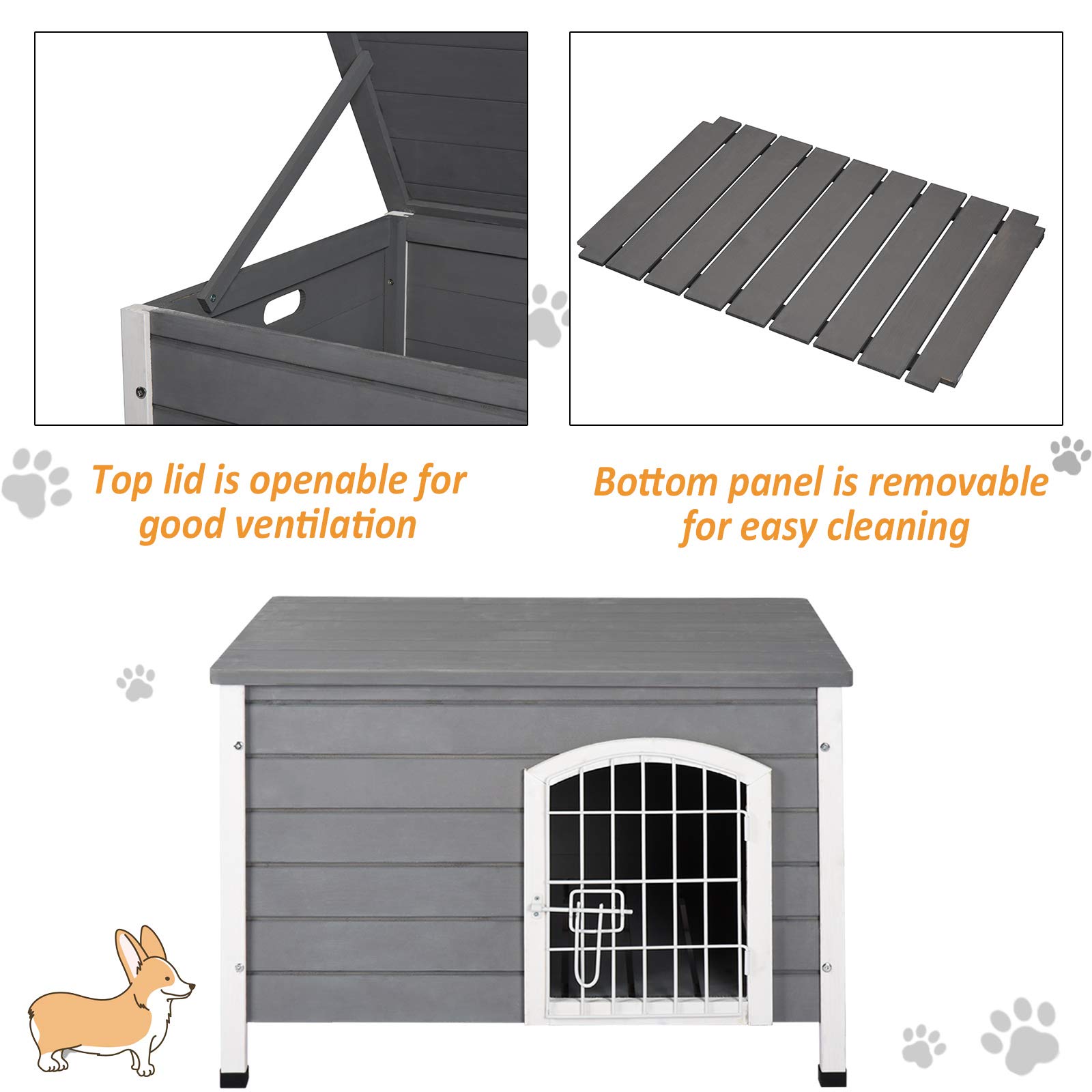 PawHut 31" L Wooden Decorative Dog Cage Kennel Wire Door with Lock Small Animal House with Openable Top Removable Bottom Grey