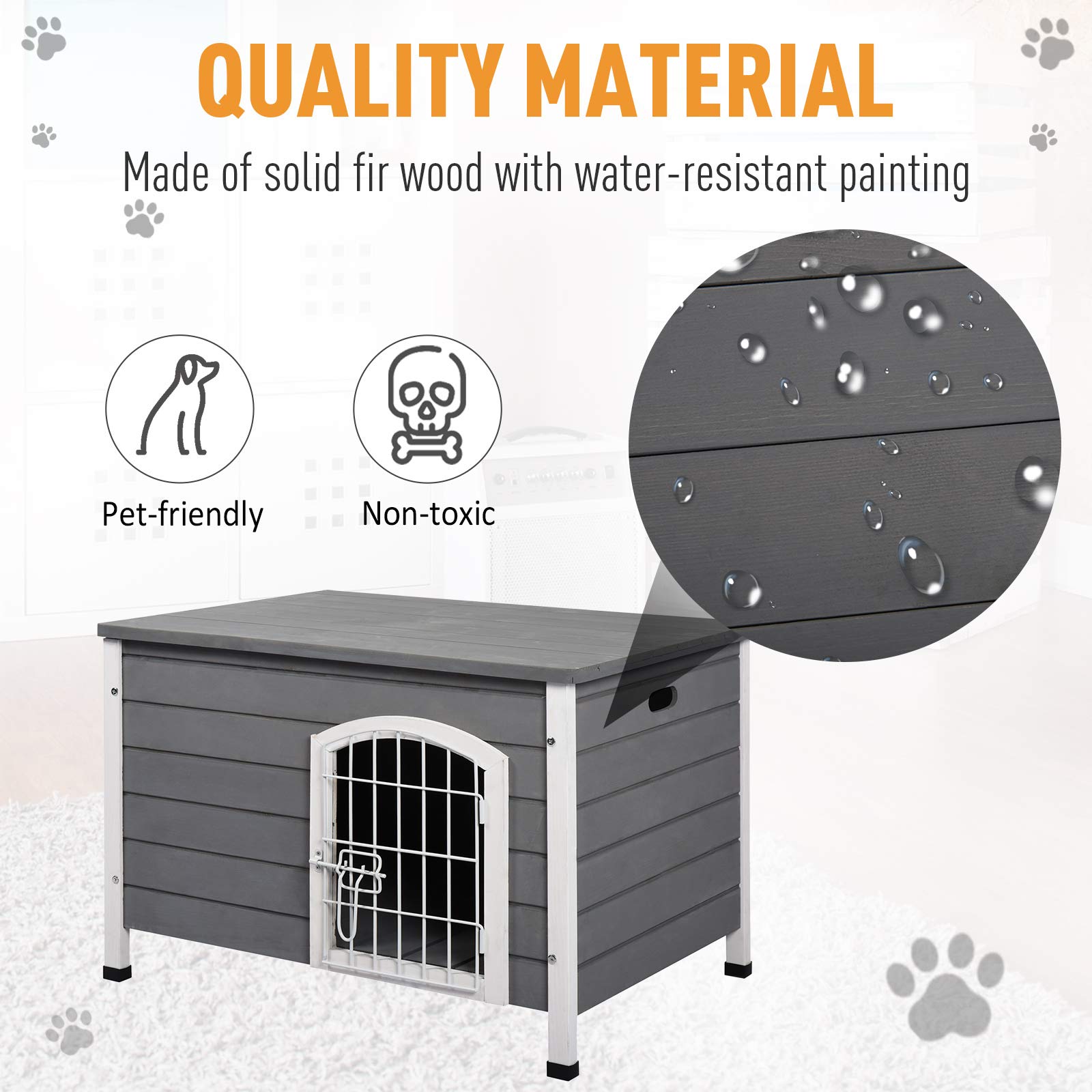 PawHut 31" L Wooden Decorative Dog Cage Kennel Wire Door with Lock Small Animal House with Openable Top Removable Bottom Grey