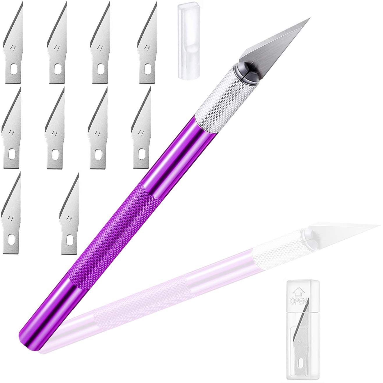 1 Pieces Craft Knife Hobby Knife with 11 Pieces Stainless Steel Blades Kit for Cutting Carving Scrapbooking Art Creation (purple)