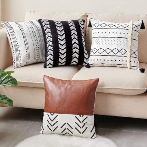 cdwerd 18x18 inch pillow covers, boho pillow covers set of 4, modern farmhouse neutral decorative pillowcases, faux leather and linen cushion case