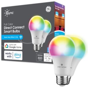 ge cync smart full color a19 led light bulb, 60w replacement, bluetooth/wi-fi enabled, alexa + google home compatible without hub, 2-pack (packaging may vary)