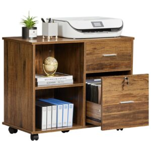 greenforest wooden file cabinet 2 drawer lateral filing cabinet with lock mobile printer stand on wheels with open storage shelves for home office fit letter size or a4 folders, walnut