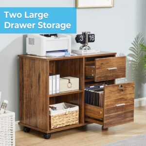 GreenForest Wooden File Cabinet 2 Drawer Lateral Filing Cabinet with Lock Mobile Printer Stand on Wheels with Open Storage Shelves for Home Office Fit Letter Size or A4 Folders, Walnut