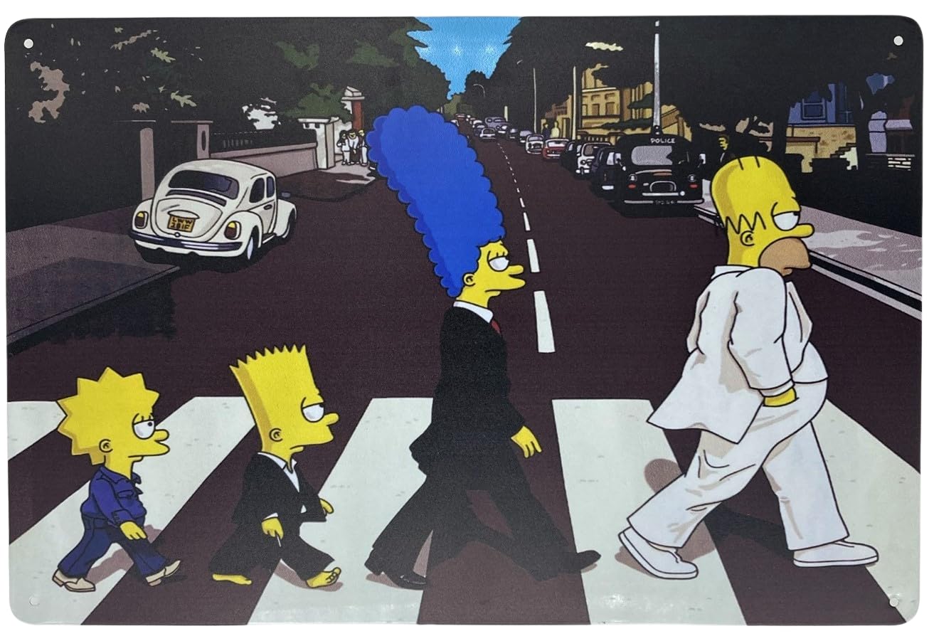 Metal Tin Sign | Wall Poster | The Simpsons at Abbey Road as The Beatles 8 x 12 in | Fun Decorative Sign for Home Bar Room Garage Garden Man Cave and Outdoor Plaque