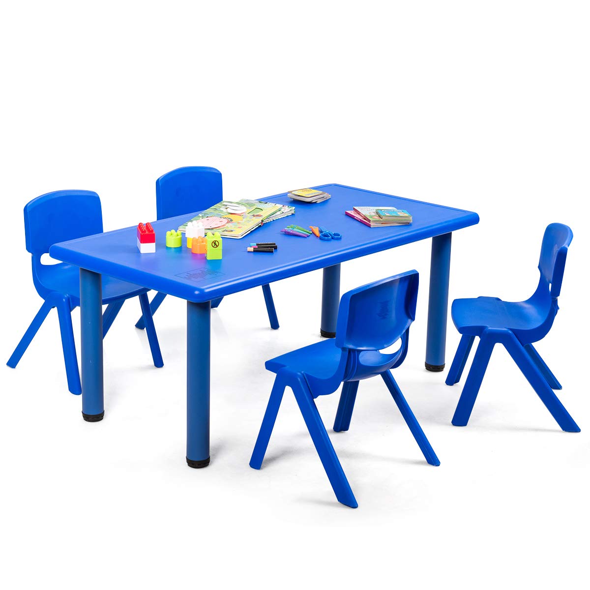 Costzon Kids Table and Chair Set, 4 Pcs Stackable Chairs, 47 x 23.5 Inch Rectangular Plastic Activity Table Set for Children Reading Drawing Playing Snack Time, Toddler School Furniture (Blue)