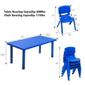 Costzon Kids Table and Chair Set, 4 Pcs Stackable Chairs, 47 x 23.5 Inch Rectangular Plastic Activity Table Set for Children Reading Drawing Playing Snack Time, Toddler School Furniture (Blue)