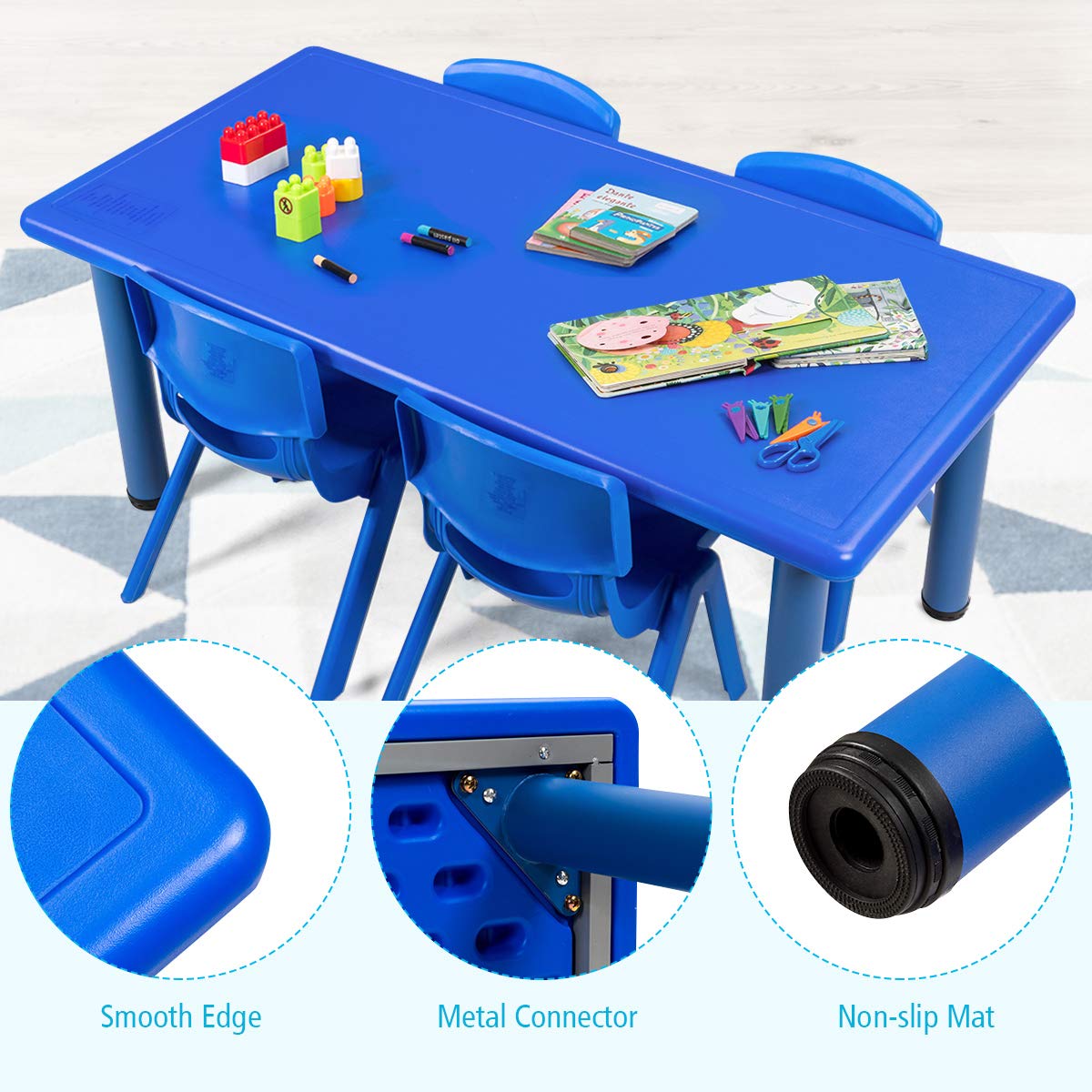 Costzon Kids Table and Chair Set, 4 Pcs Stackable Chairs, 47 x 23.5 Inch Rectangular Plastic Activity Table Set for Children Reading Drawing Playing Snack Time, Toddler School Furniture (Blue)