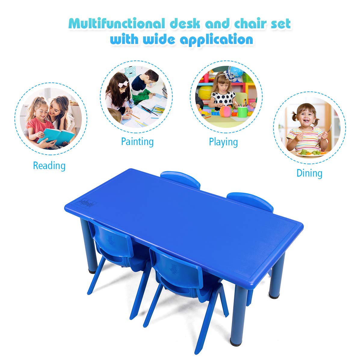 Costzon Kids Table and Chair Set, 4 Pcs Stackable Chairs, 47 x 23.5 Inch Rectangular Plastic Activity Table Set for Children Reading Drawing Playing Snack Time, Toddler School Furniture (Blue)