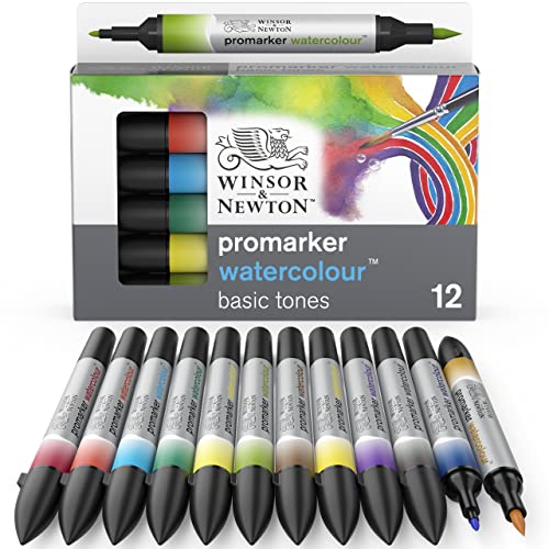 Winsor & Newton ProMarker Watercolor Marker Set, 12 Count, Basic Tones