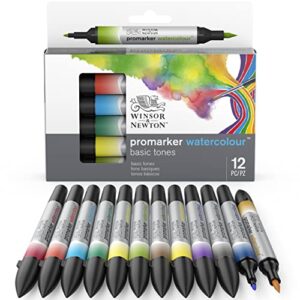 Winsor & Newton ProMarker Watercolor Marker Set, 12 Count, Basic Tones