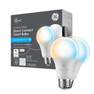 ge lighting cync smart tunable white a19 led light bulb, 60w replacement, bluetooth/wi-fi enabled, alexa + google home compatible without hub, 2-pack (packaging may vary)